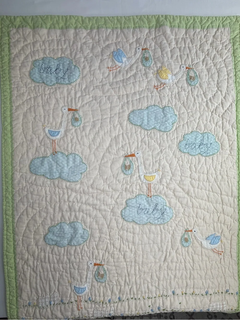 36 X 50 Vintage Pottery Barn Baby Quilt Blanket with  Embroidered Design